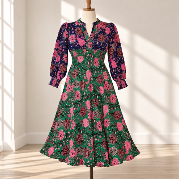 Boden Dresses & Skirts - Boden Ivy Smocked Boho Midi Dress 6 Floral Green Pink Cottagecore Long Sleeve